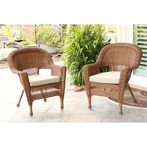 pemberly row wicker chair in honey with tan cushion - set of 2