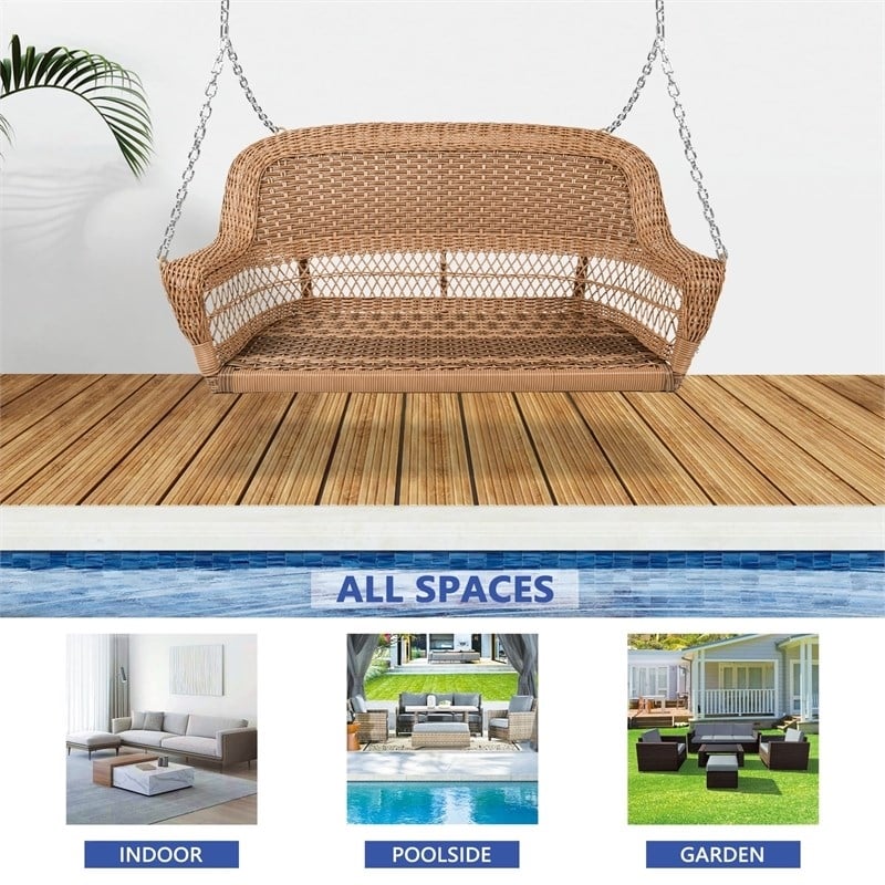 Pemberly Row Resin Wicker Porch Swing in Honey