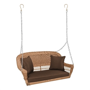 Pemberly Row Honey Wicker Porch Swing with Brown Cushion