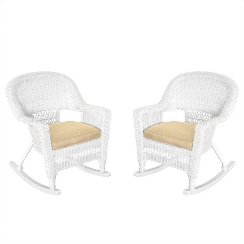Pemberly Row Rocker Wicker Chair in White with Tan Cushion (Set of 2)
