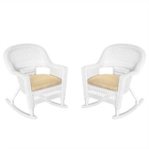 pemberly row rocker wicker chair in white with tan cushion (set of 2)