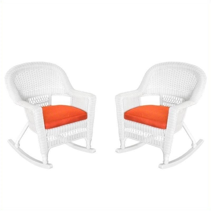 Pemberly Row Rocker Wicker Chair in White with Red Cushion (Set of 2)