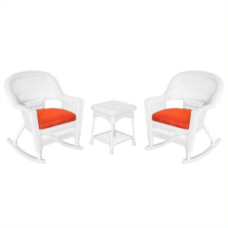 Pemberly Row 3pc Rocker Wicker Chair Set in White with Red Cushion