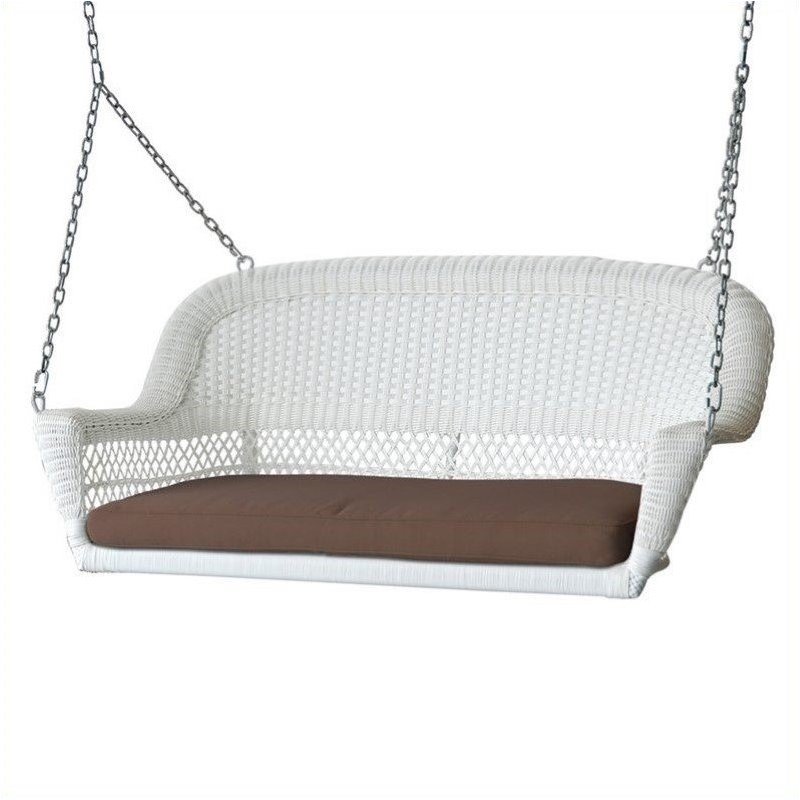 Pemberly Row Wicker Porch Swing in White with Brown Cushion