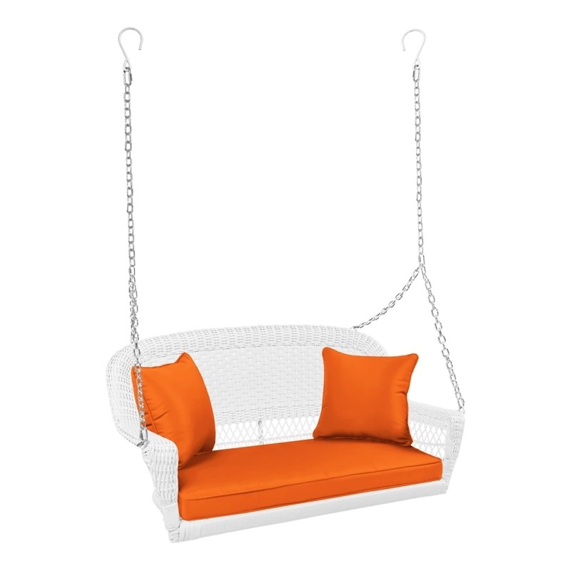 Pemberly Row Wicker Porch Swing in White with Orange Cushion
