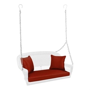 Pemberly Row Wicker Porch Swing in White with Red Cushion