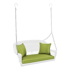 Pemberly Row Wicker Porch Swing in White with Green Cushion