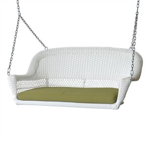 pemberly row wicker porch swing in white with green cushion