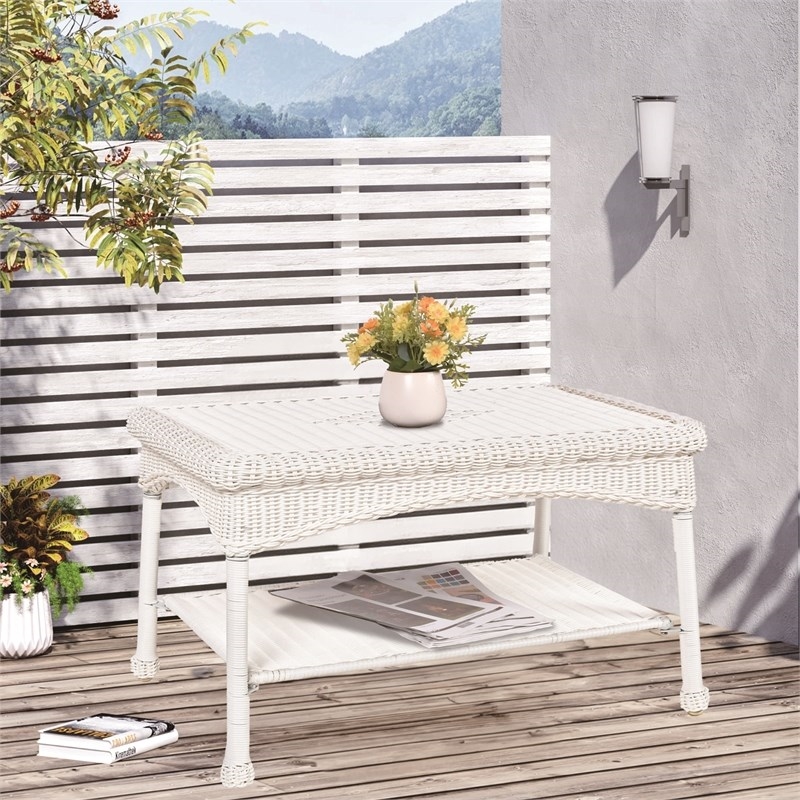 Pemberly Row Wicker Patio Coffee Table in White