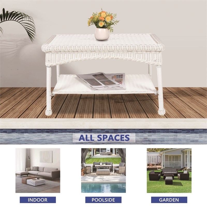 Pemberly Row Wicker Patio Coffee Table in White