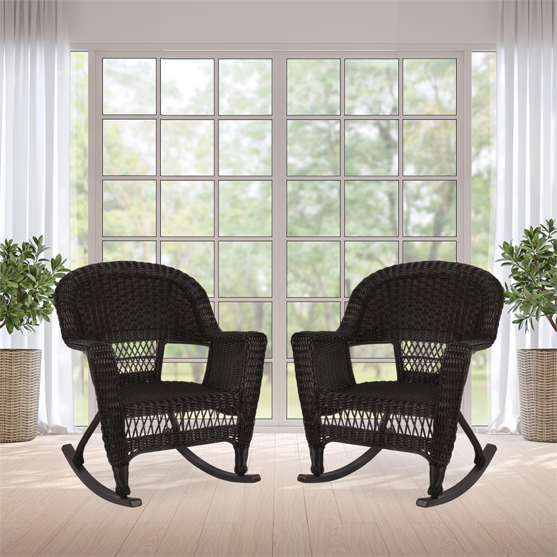 Pemberly Row Wicker Rocker Chair in Black (Set of 2)