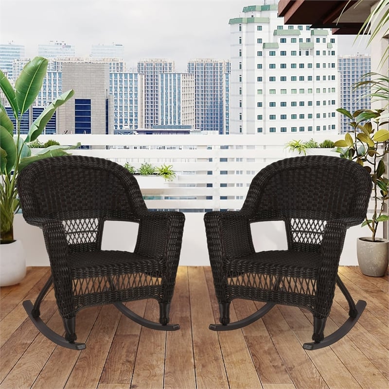 Pemberly Row Wicker Rocker Chair in Black (Set of 2)