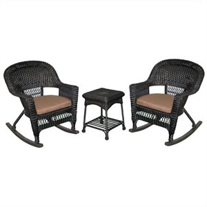 pemberly row 3pc wicker rocker chair set in black with brown cushion
