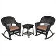 Pemberly Row 3pc Wicker Rocker Chair Set in Black with Brown Cushion