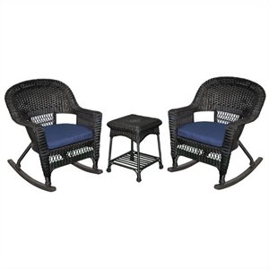 pemberly row 3pc wicker rocker chair set in black with blue cushion