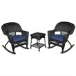 Pemberly Row 3pc Wicker Rocker Chair Set in Black with Blue Cushion