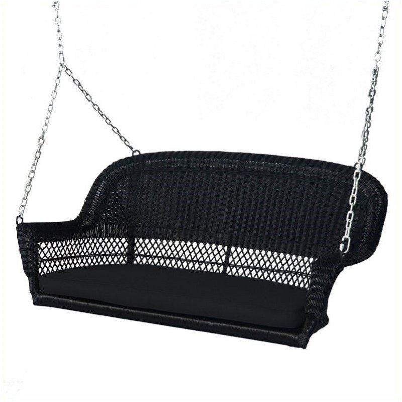 Pemberly Row Wicker Porch Swing in Black with Black Cushion