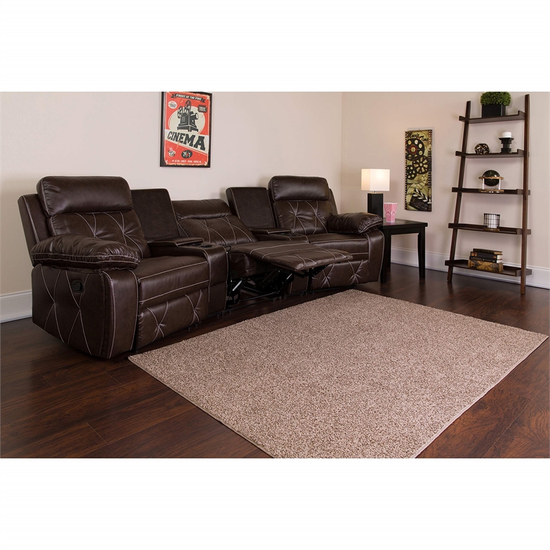 Pemberly Row 3 Seat Leather Reclining Home Theater Seating in Brown