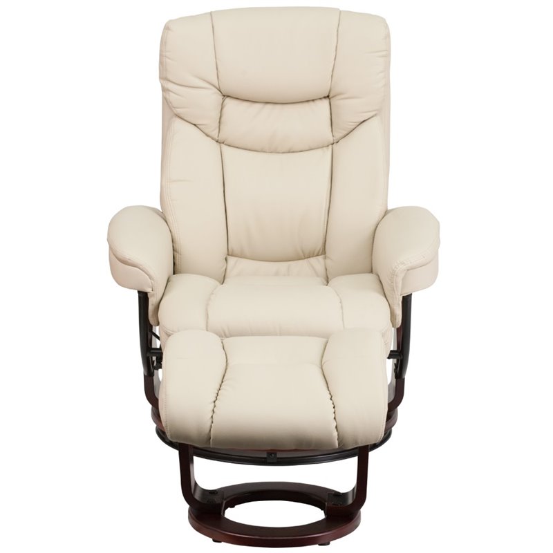 Pemberly Row Leather/Eucalyptus Wood Swivel Recliner and Ottoman in Beige
