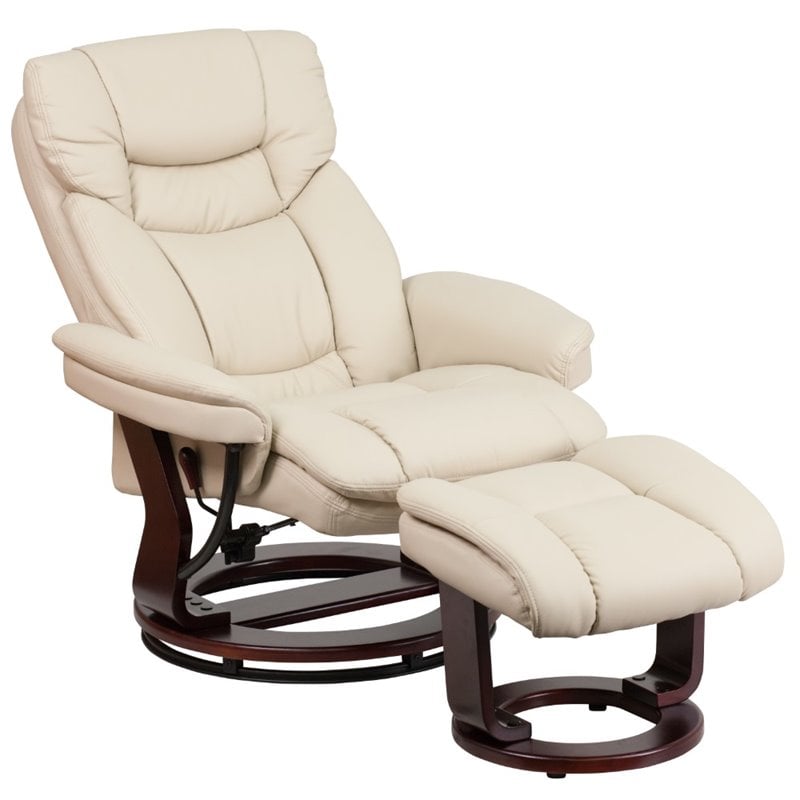 Pemberly Row Leather/Eucalyptus Wood Swivel Recliner and Ottoman in Beige