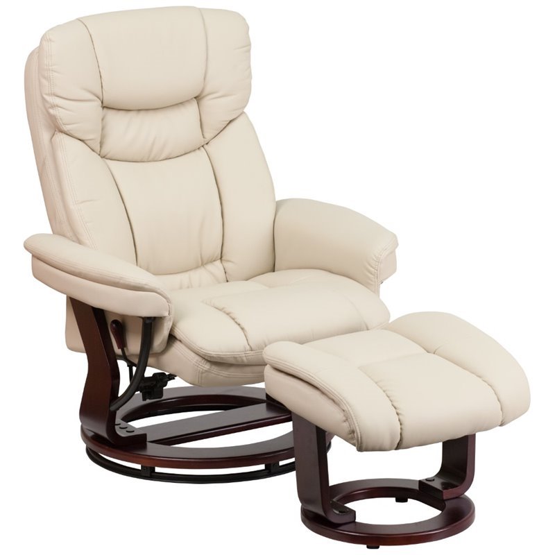 Pemberly Row Leather/Eucalyptus Wood Swivel Recliner and Ottoman in Beige