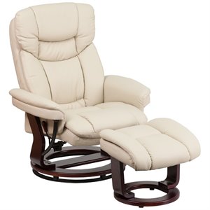Pemberly Row Leather/Eucalyptus Wood Swivel Recliner and Ottoman in Beige