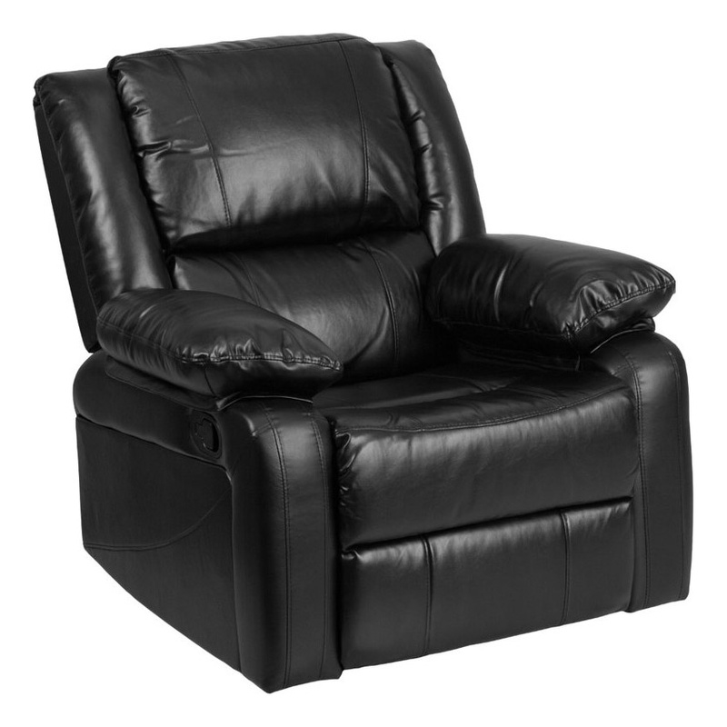 Pemberly Row Contemporary Leather Recliner with Pillow Back in Black
