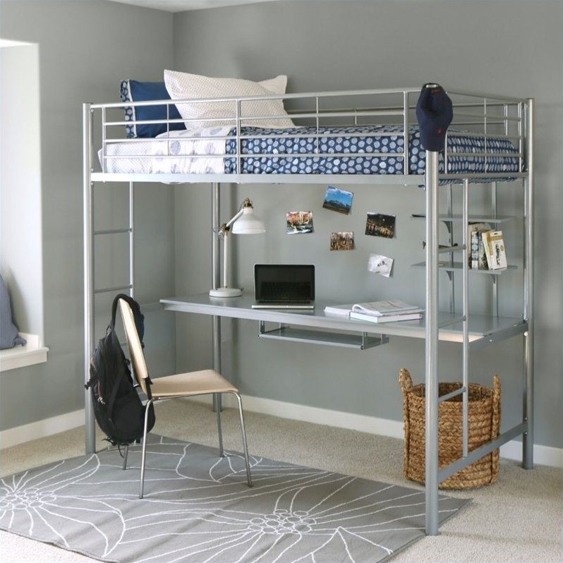 Pemberly Row Metal Twin Bed with Workstation in Silver