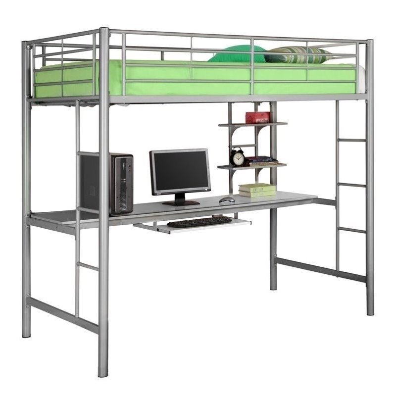 Pemberly Row Metal Twin Bed with Workstation in Silver