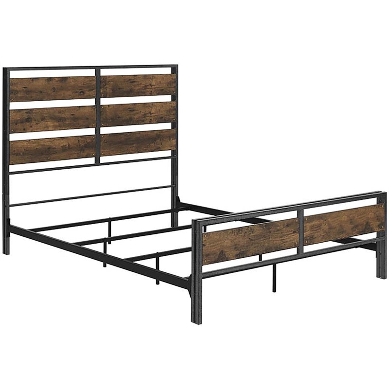 Pemberly Row Queen Metal and Wood Plank Panel Bed in Brown