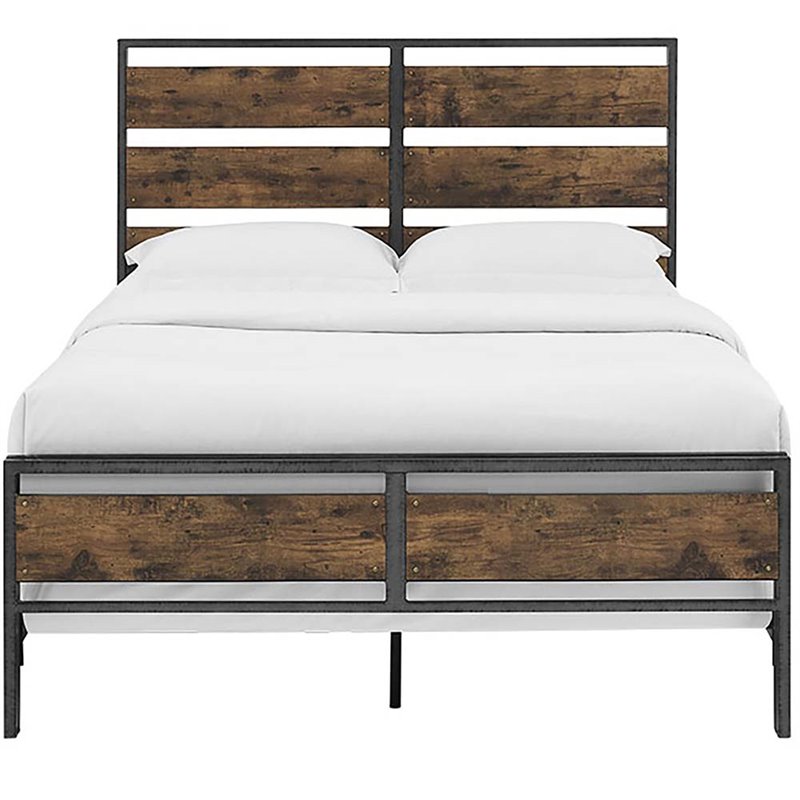 Pemberly Row Queen Metal and Wood Plank Panel Bed in Brown