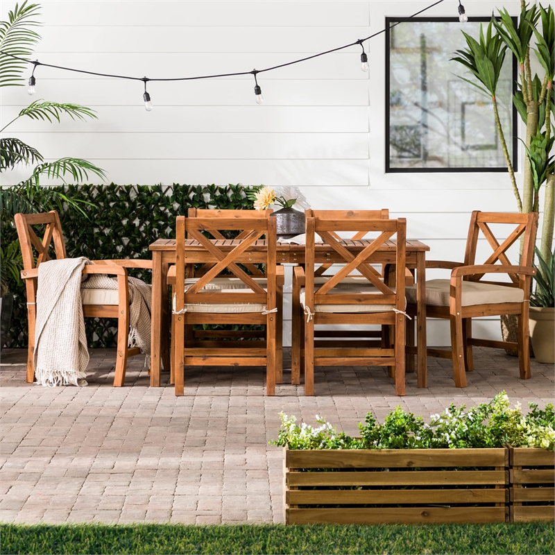 Pemberly Row Acacia Wood Patio 7-Piece Dining Set in Brown