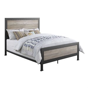 Pemberly Row Queen Industrial Wood and Metal Panel Bed in Gray Wash