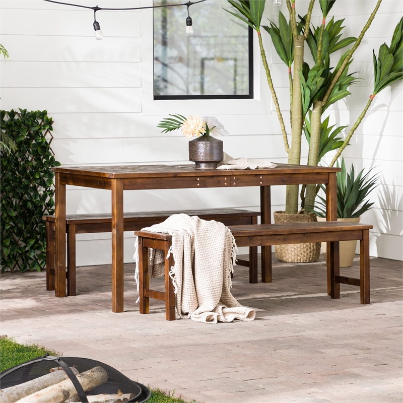 Pemberly Row Acacia Wood Patio 3-Piece Dining Set in Dark Brown