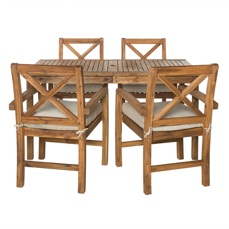 Pemberly Row Acacia Wood Patio 5-Piece Dining Set with x-shaped back in Brown