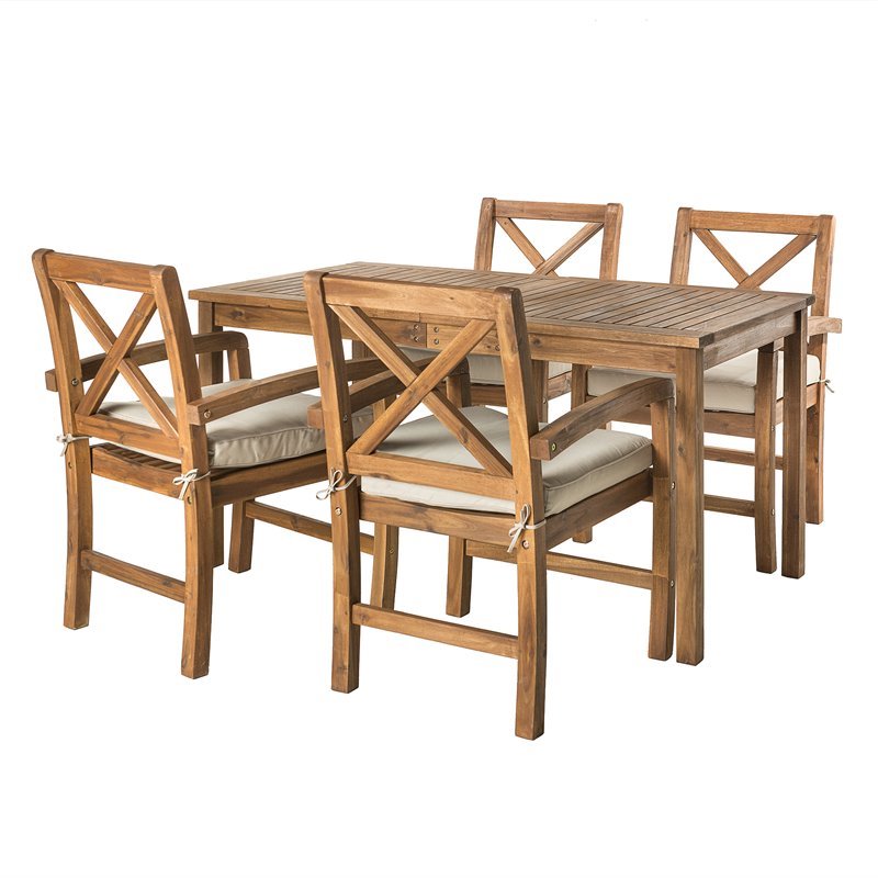 Pemberly Row Acacia Wood Patio 5-Piece Dining Set with x-shaped back in Brown