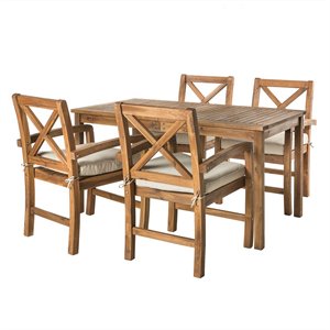 Pemberly Row Acacia Wood Patio 5-Piece Dining Set with x-shaped back in Brown