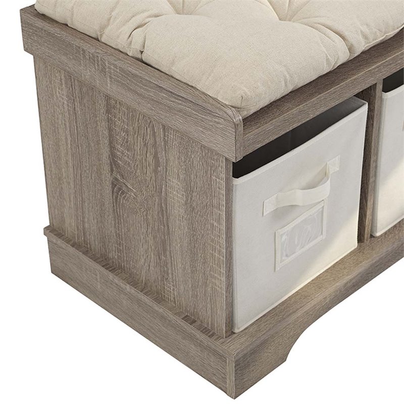 Pemberly Row 3 Cubby Cushion Storage Bench in Driftwood with Totes