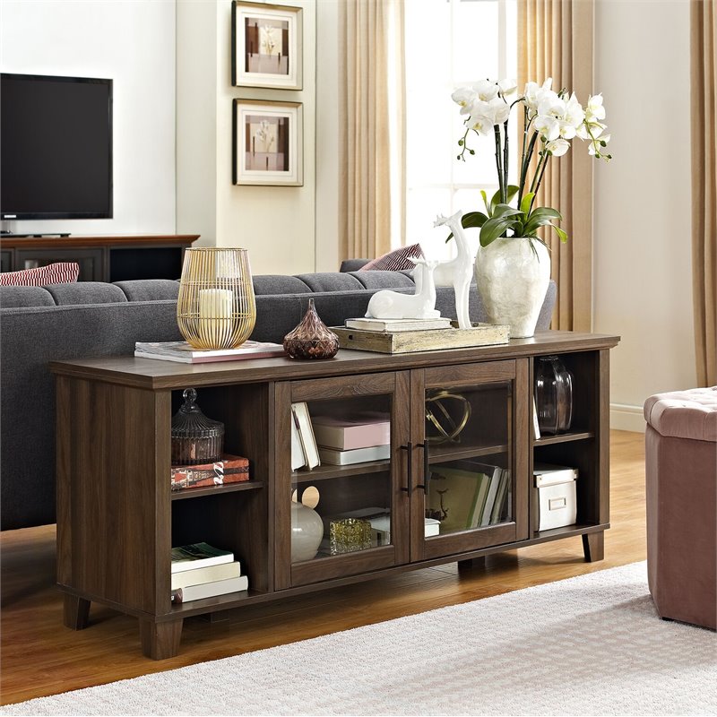 Pemberly Row TV Stand with Middle Doors in Dark Walnut