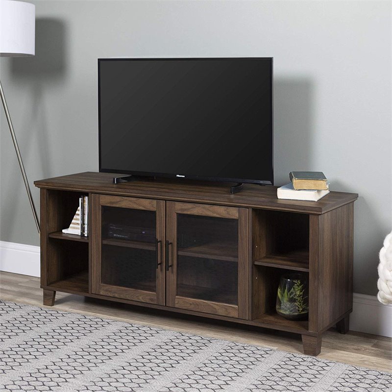 Pemberly Row TV Stand with Middle Doors in Dark Walnut