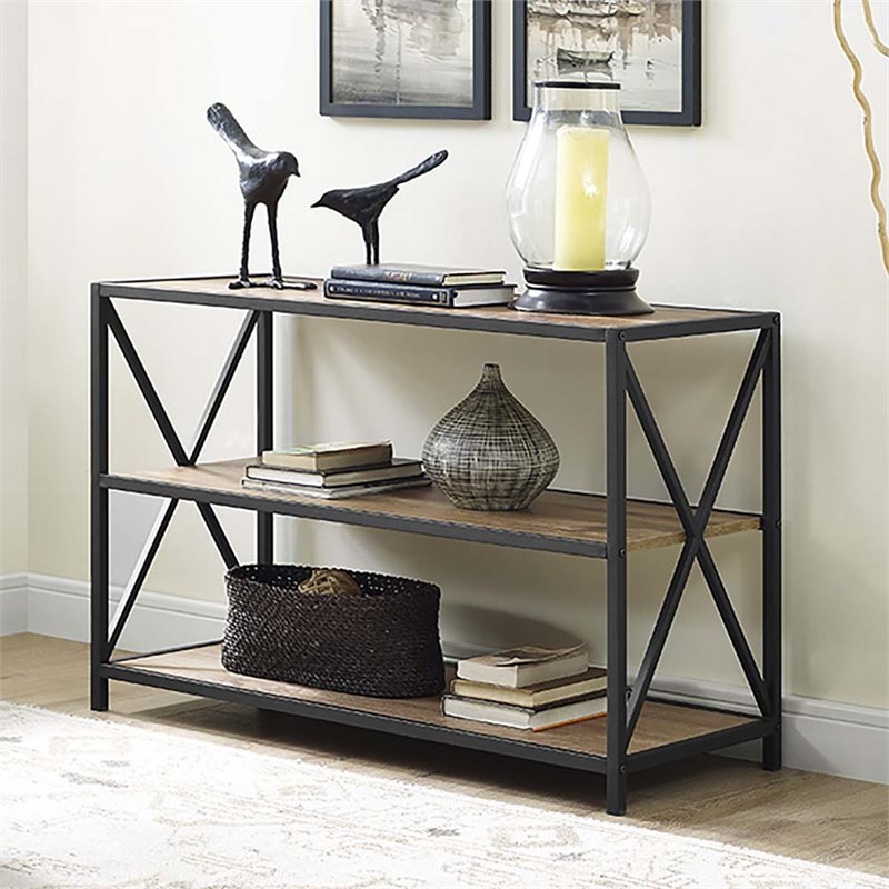 Pemberly Row 2 Shelf X-Frame Metal Media Bookcase in Barnwood