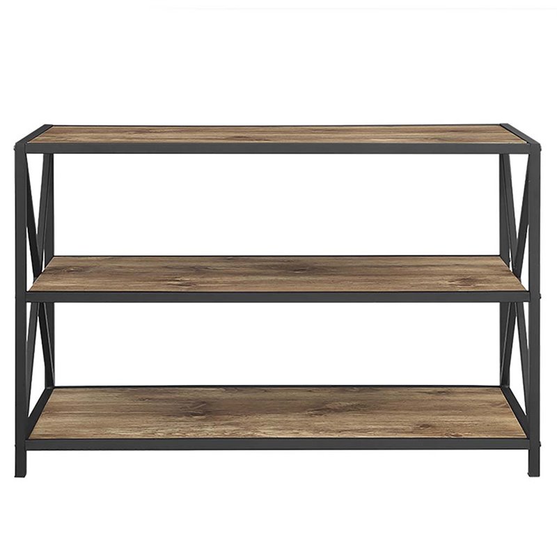 Pemberly Row 2 Shelf X-Frame Metal Media Bookcase in Barnwood