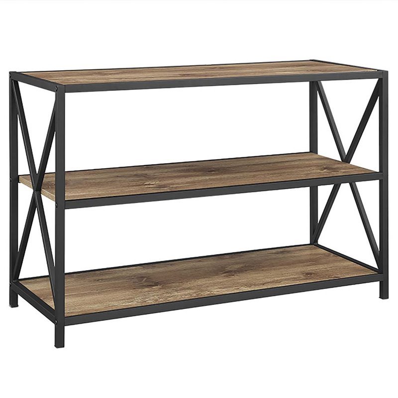 Pemberly Row 2 Shelf X-Frame Metal Media Bookcase in Barnwood
