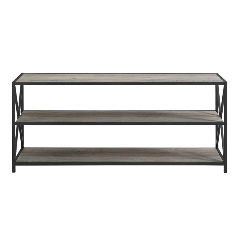 Pemberly Row 60 Wide X-Frame Metal and Wood Media Bookshelf in Gray Wash