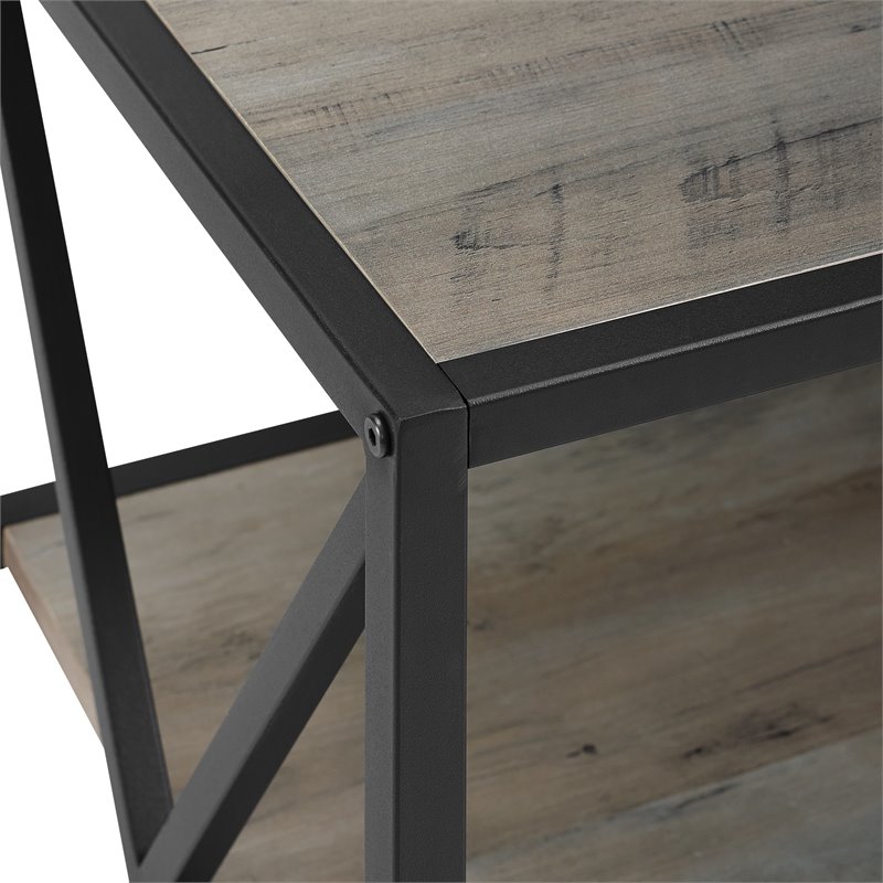 Pemberly Row 60 Wide X-Frame Metal and Wood Media Bookshelf in Gray Wash