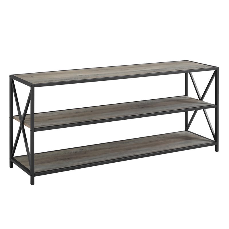 Pemberly Row 60 Wide X-Frame Metal and Wood Media Bookshelf in Gray Wash