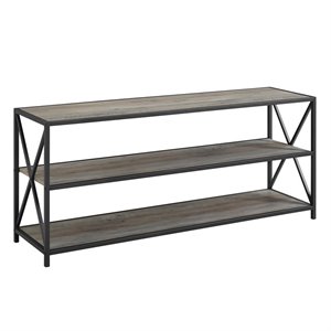 Pemberly Row 60 Wide X-Frame Metal and Wood Media Bookshelf in Gray Wash