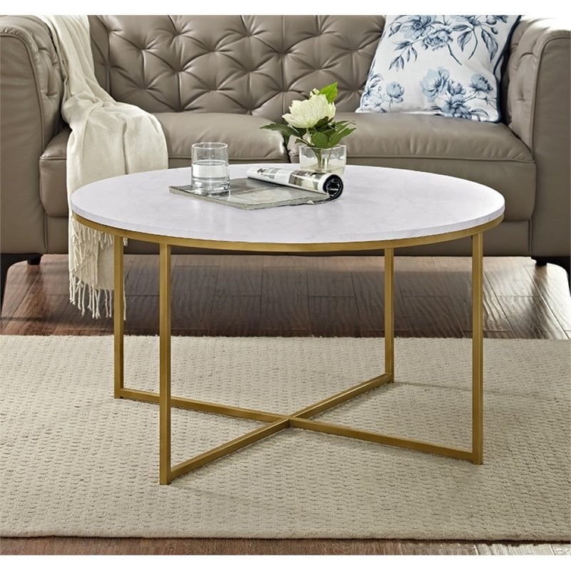 Pemberly Row Round Marble Top Coffe Table in Gold