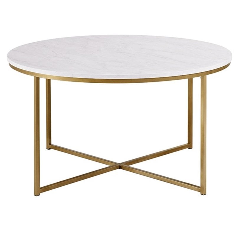 Pemberly Row Round Marble Top Coffe Table in Gold