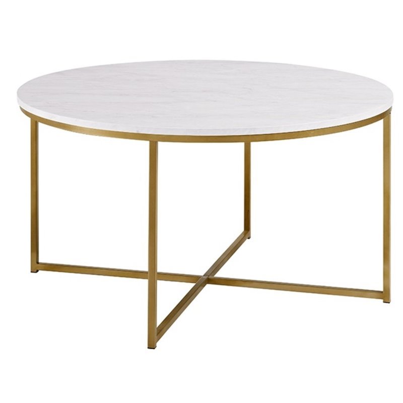 Pemberly Row Round Marble Top Coffe Table in Gold
